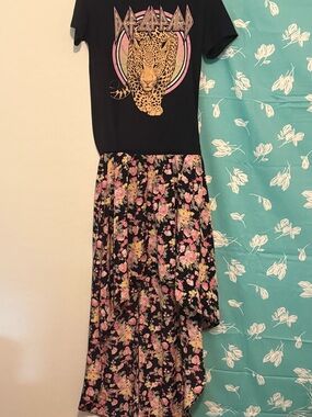 Black Floral High-Low Midi Skirt with Pink and Yellow Flowers